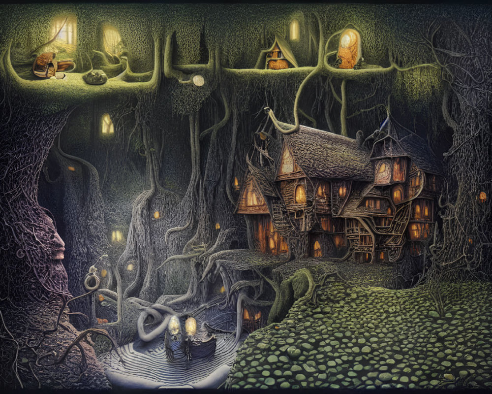 Illustration of whimsical forest with treehouse and lantern light