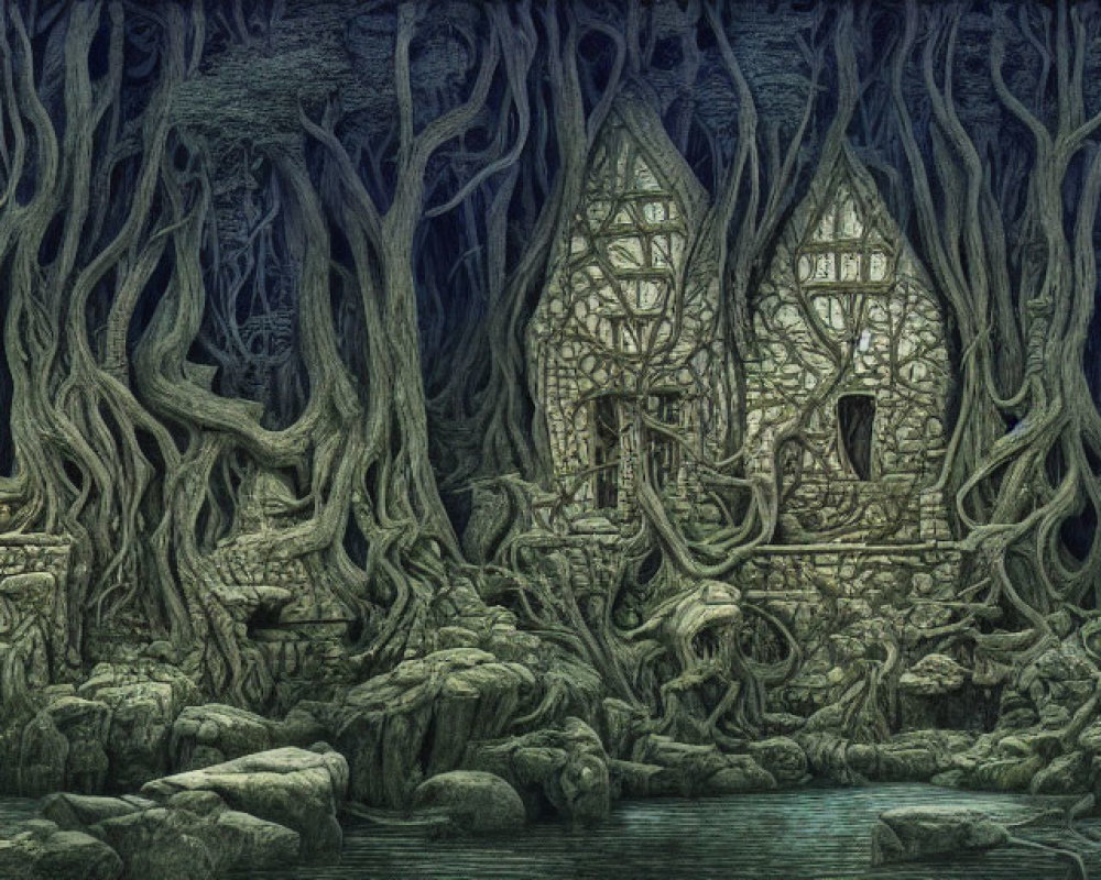 Mystical forest with twisted trees and eerie houses in enchanted setting