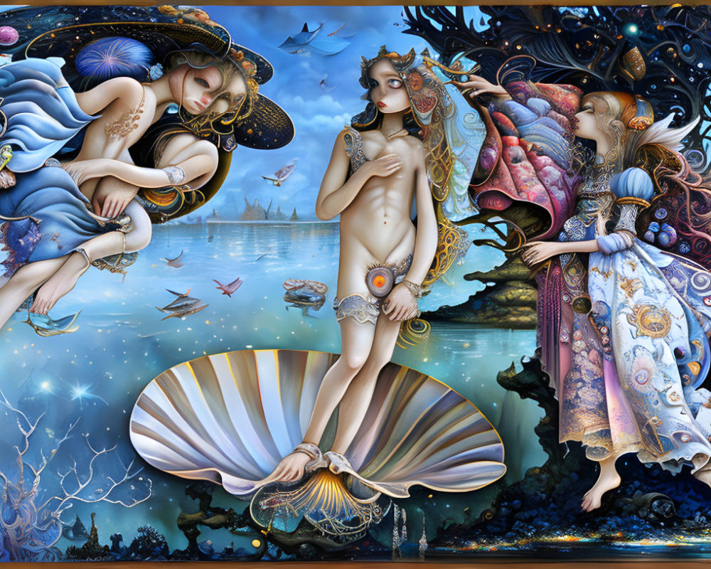 Intricate painting of three ethereal beings in aquatic and celestial attire