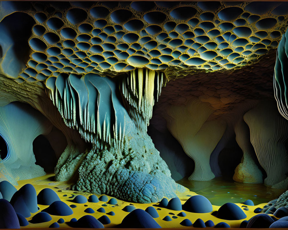 Intricate cave-like artwork with honeycomb structures, stalactites, and wavy floors in