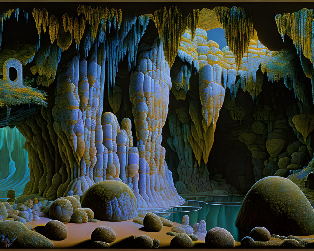 Ethereal digital artwork of cave with stalactites and stalagmites around tranquil turquoise lake