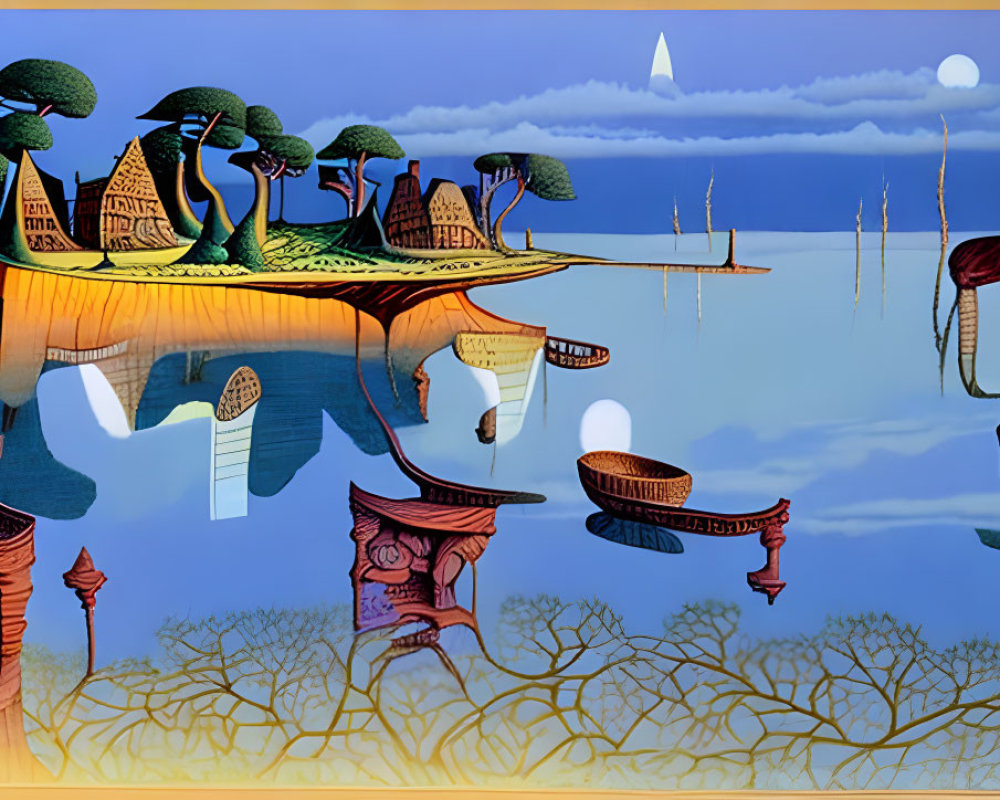 Whimsical landscape painting: Floating islands, vibrant trees, traditional buildings, day-night reflections.