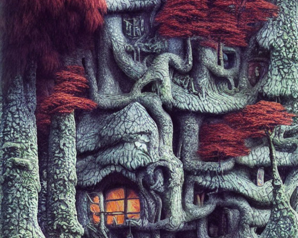 Detailed drawing of whimsical treehouse with red foliage and glowing window