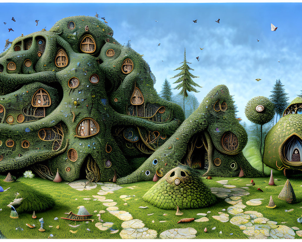 Whimsical green houses in surreal fairytale village