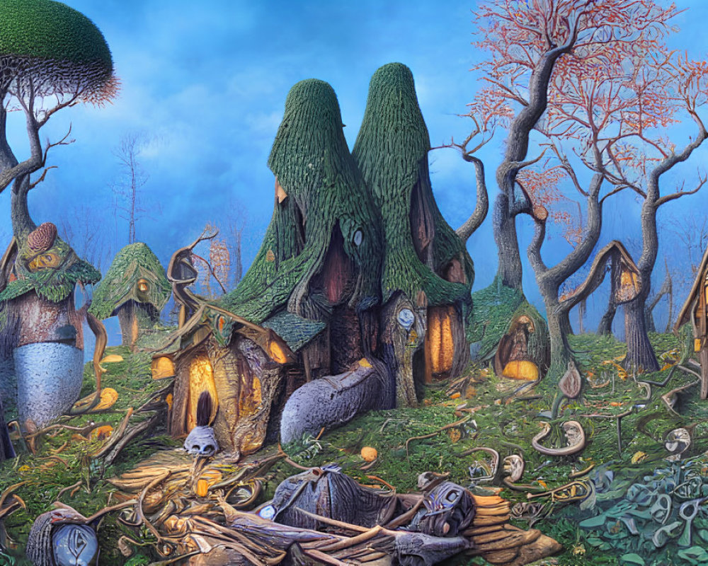 Enchanting village with tree stump and mushroom houses in mystical forest