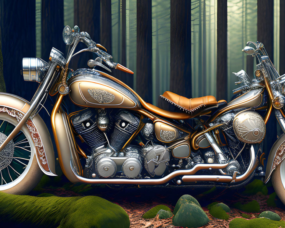 Ornate custom motorcycle in serene forest setting