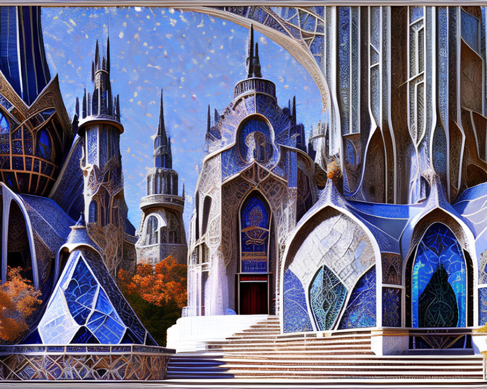 Fantasy castle with blue and silver patterns, autumn trees, and bright sky.