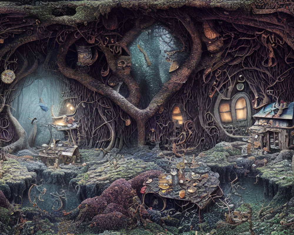 Enchanted forest with arching trees, cozy house, and whimsical details