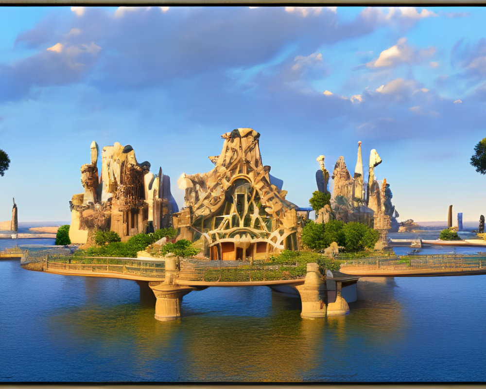 Fantasy landscape with ornate towers and bridges on islets at sunset