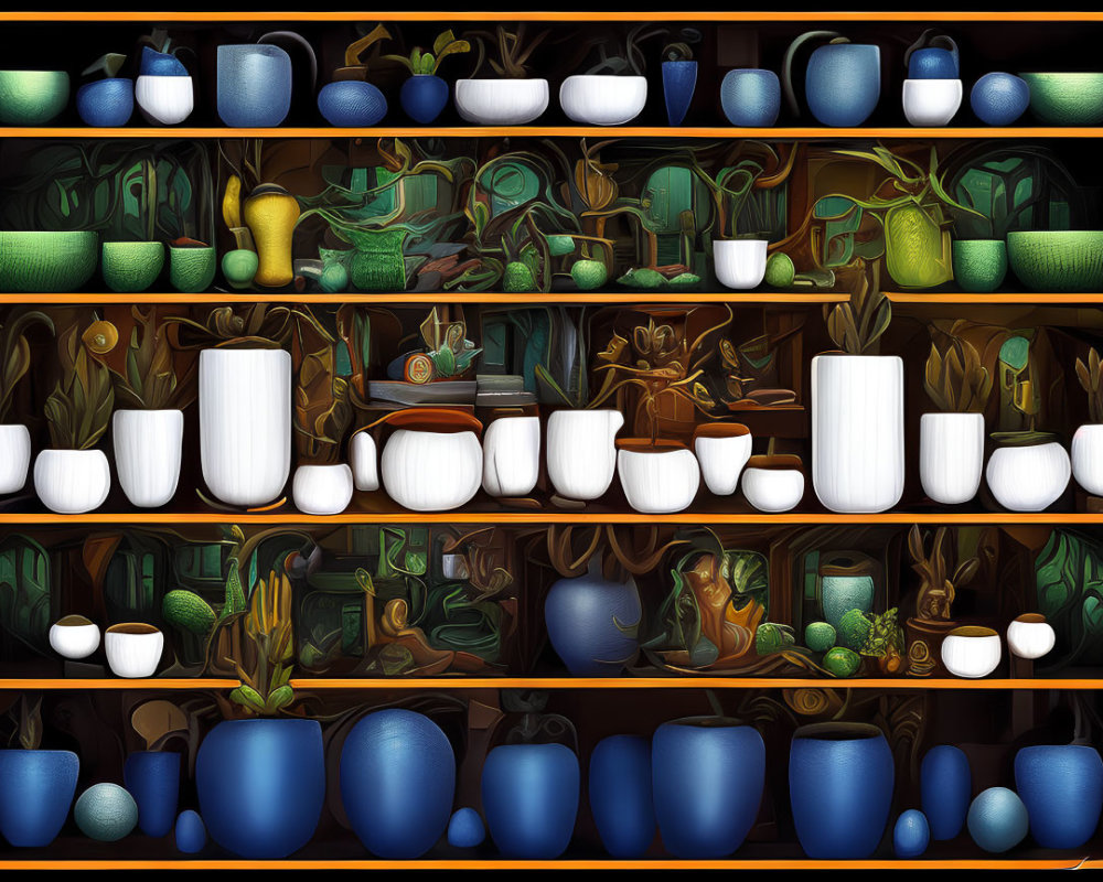 Vibrant Blue and White Pots with Green Plants on Wooden Shelves