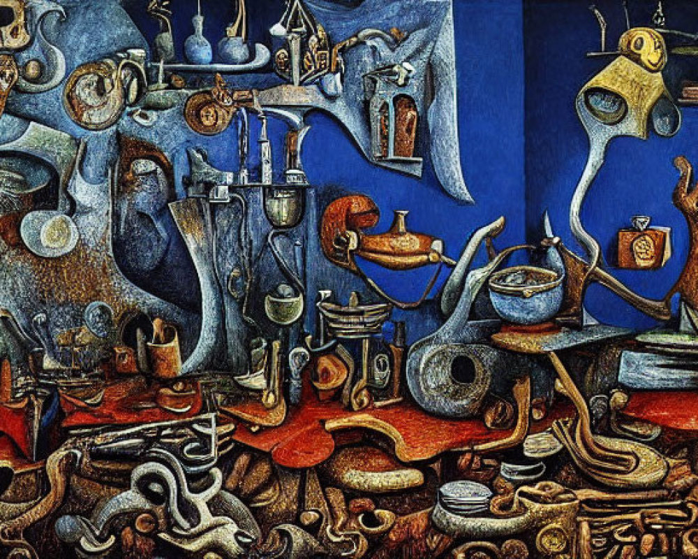 Abstract mural featuring surreal figures and objects in blues, yellows, and browns