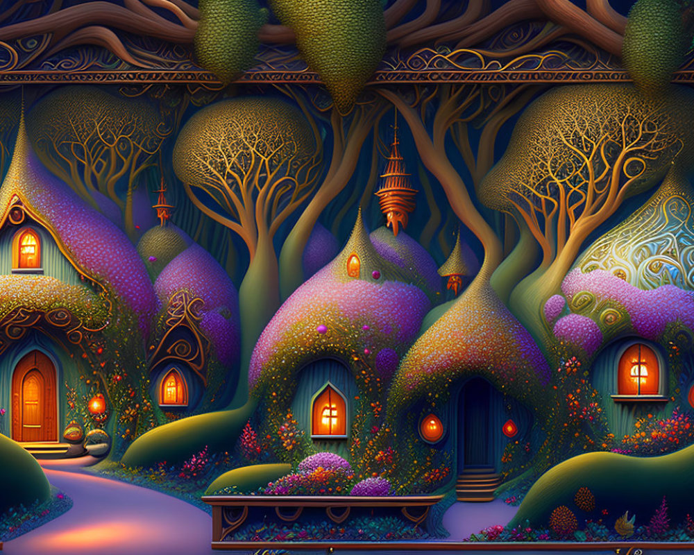 Enchanting forest with whimsical tree houses under magical night sky