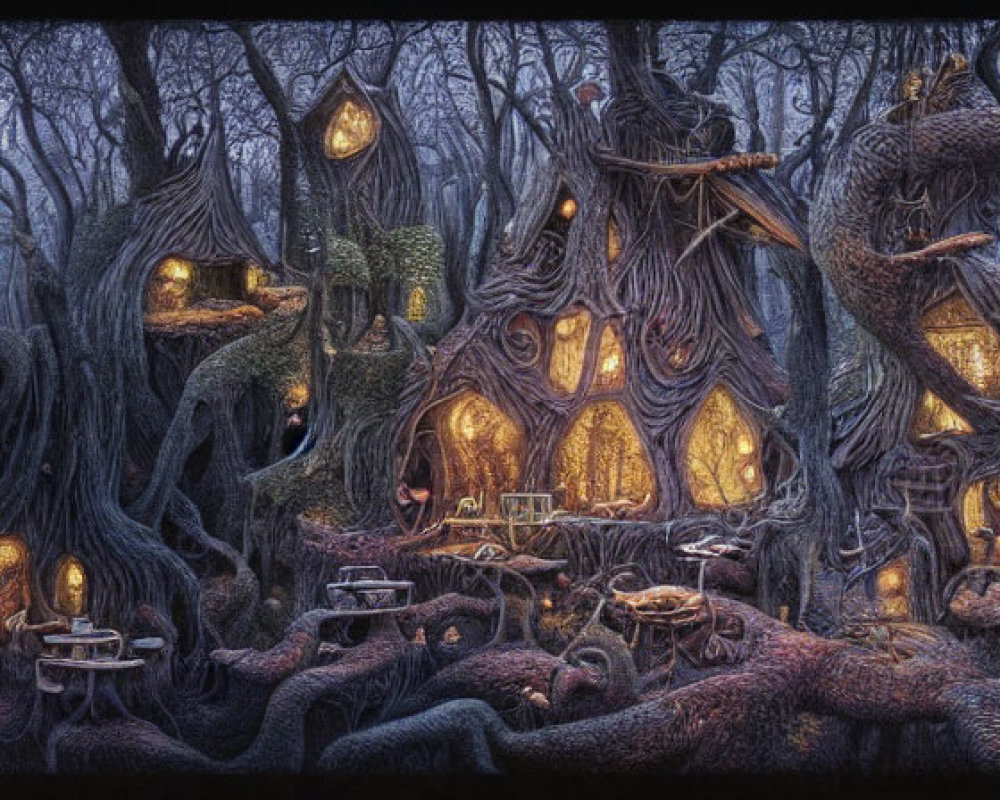 Mystical forest scene at dusk with illuminated windows in gnarled trees