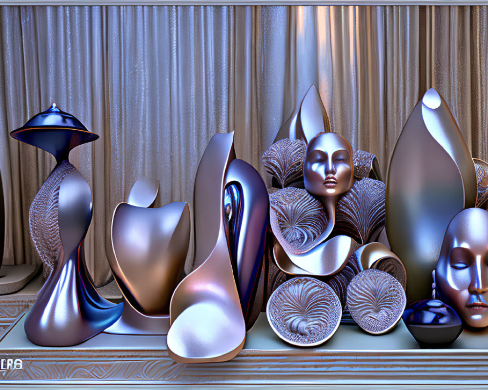 Glossy metallic sculptures in abstract and humanoid forms on display