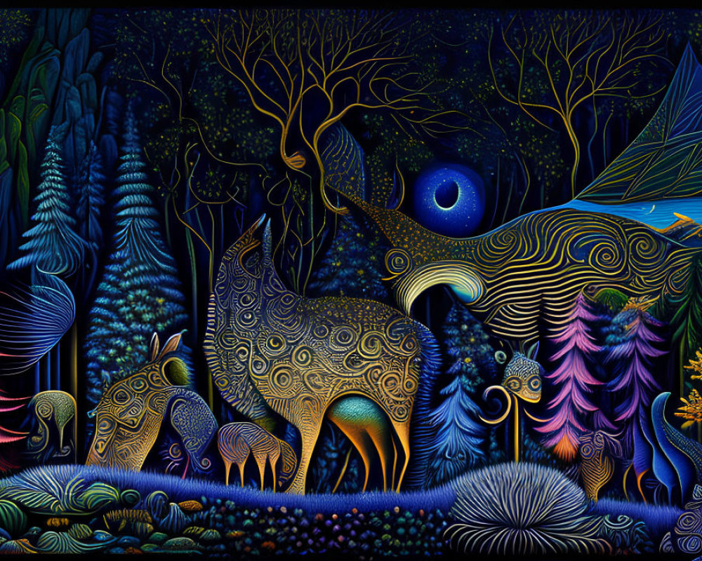 Colorful whimsical forest scene with patterned animals and starlit sky