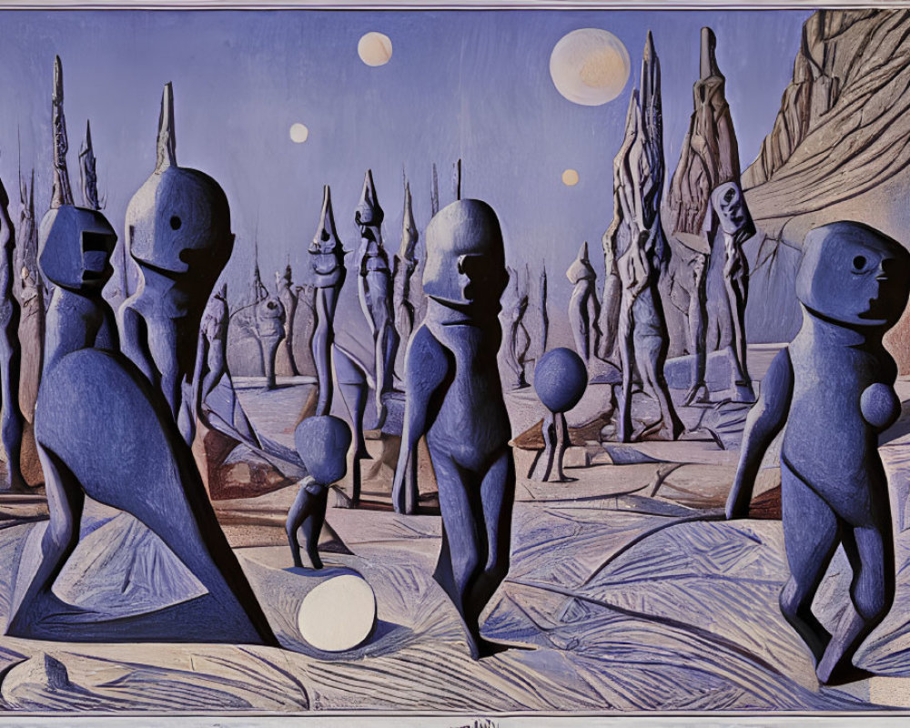 Surreal landscape with humanoid figures, multiple moons, and blue desert terrain