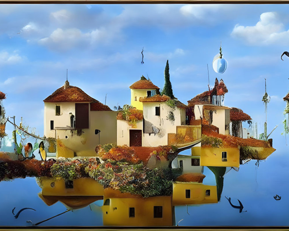 Surreal landscape: floating yellow buildings, flying fish, green vegetation