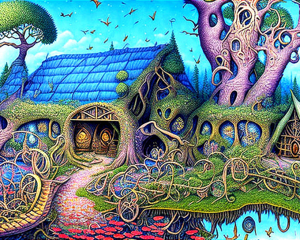 Colorful Fantasy Houses in Whimsical Landscape with Magical Trees