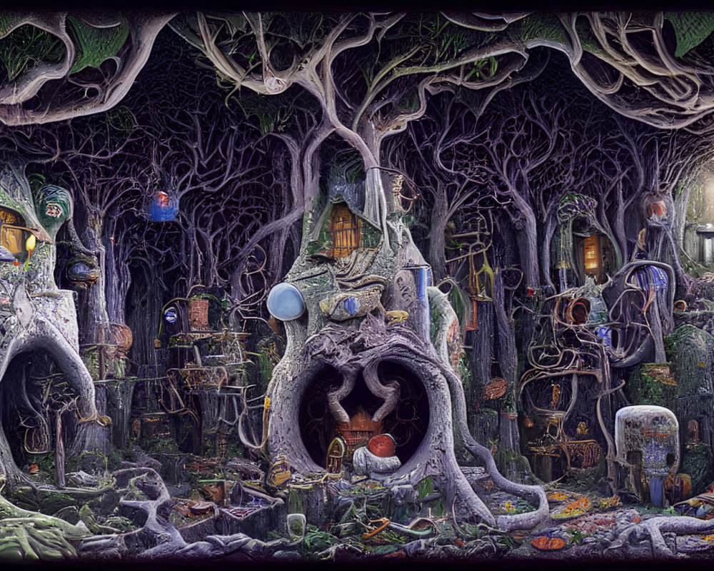 Whimsical forest scene with tree houses and enchanted creatures