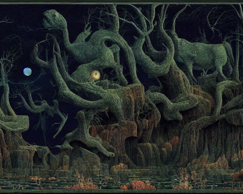 Twisted trees, glowing eyes, eerie moon in night forest