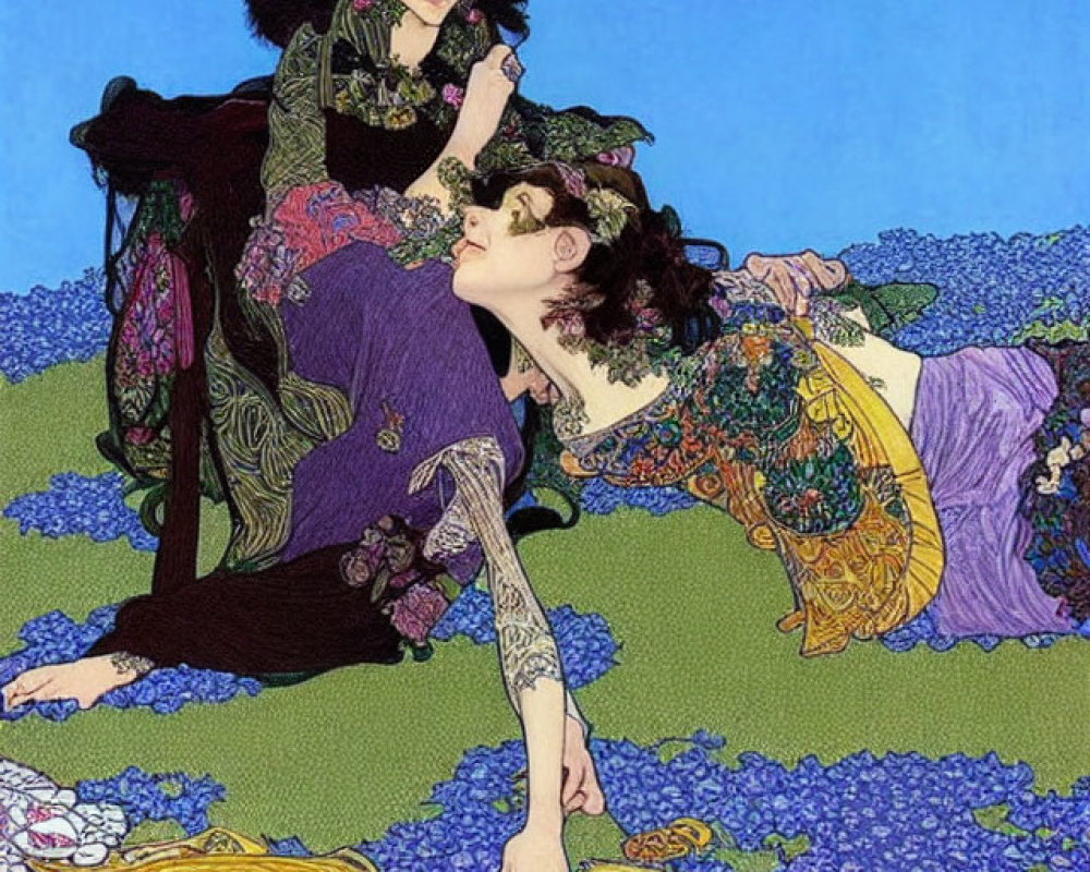 Art Nouveau illustration of two women in floral setting