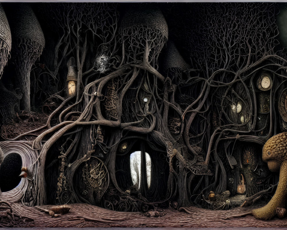 Detailed fantasy illustration of dark enchanted forest with whimsical houses, gnarled trees, moody sky