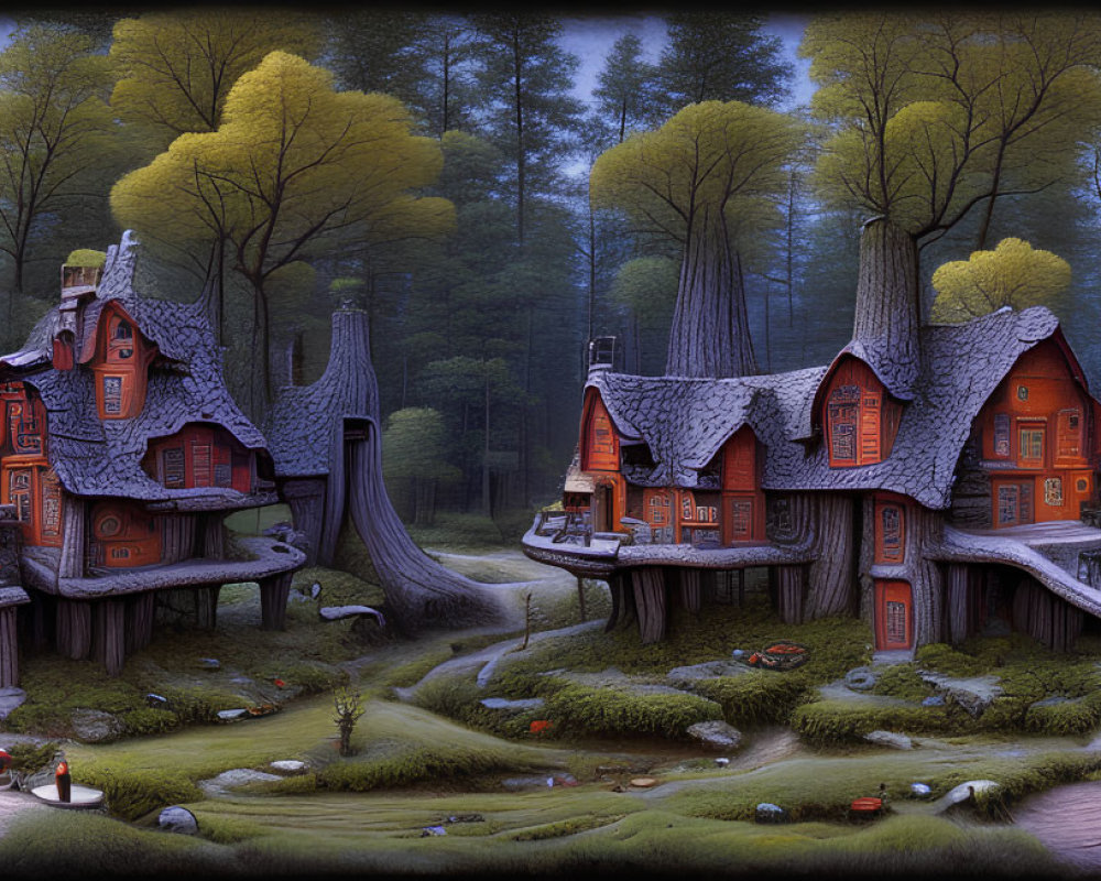 Whimsical forest scene with glowing treehouses and winding paths