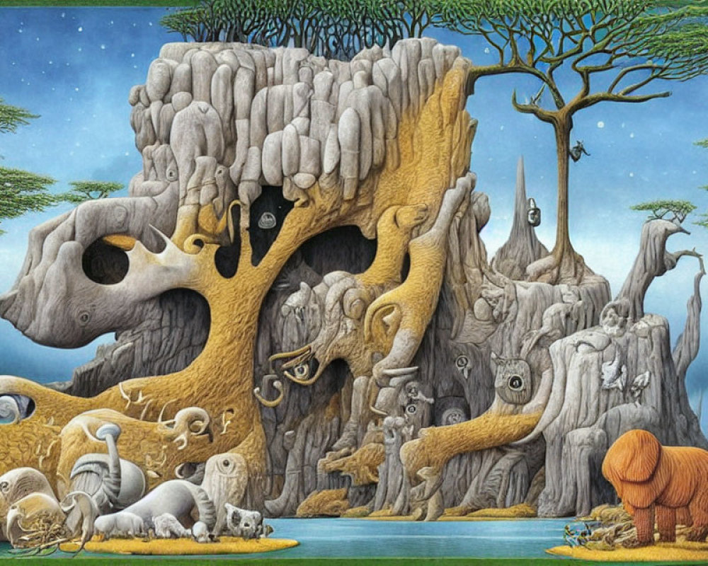 Surreal landscape with tree, elephant-like creatures, and snail-like beings