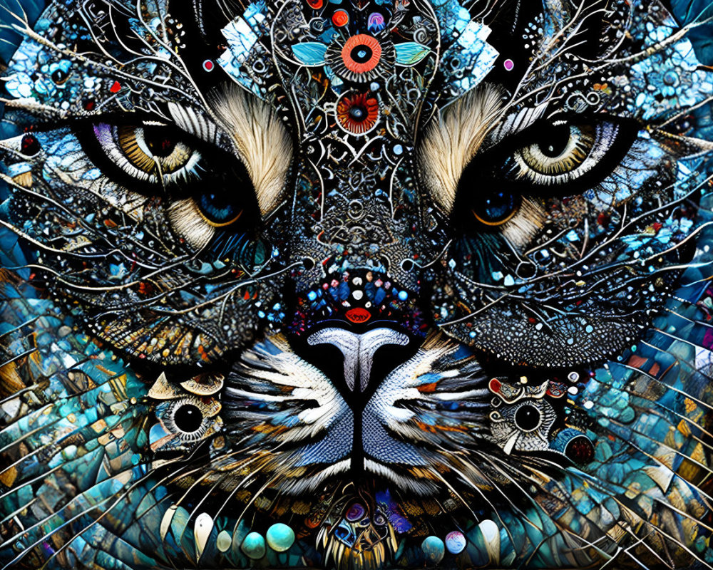 Colorful Stylized Tiger Face Artwork with Detailed Patterns