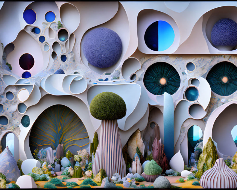 Abstract surreal landscape with organic shapes in blue, white, and beige tones