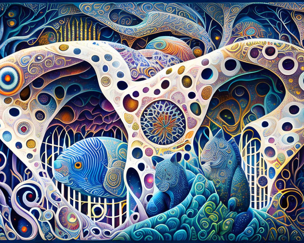 Colorful Abstract Painting with Whale-Like Figures & Swirling Patterns