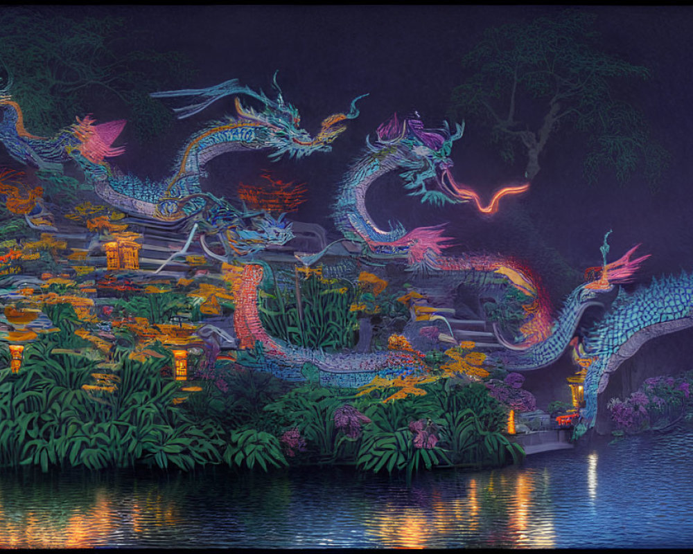 Colorful Dragons in Serene Moonlit Landscape with Water Feature