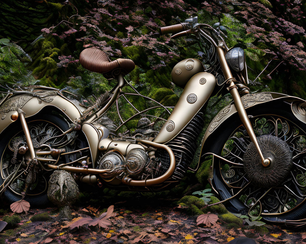 Detailed Steampunk Motorcycle in Forest Setting