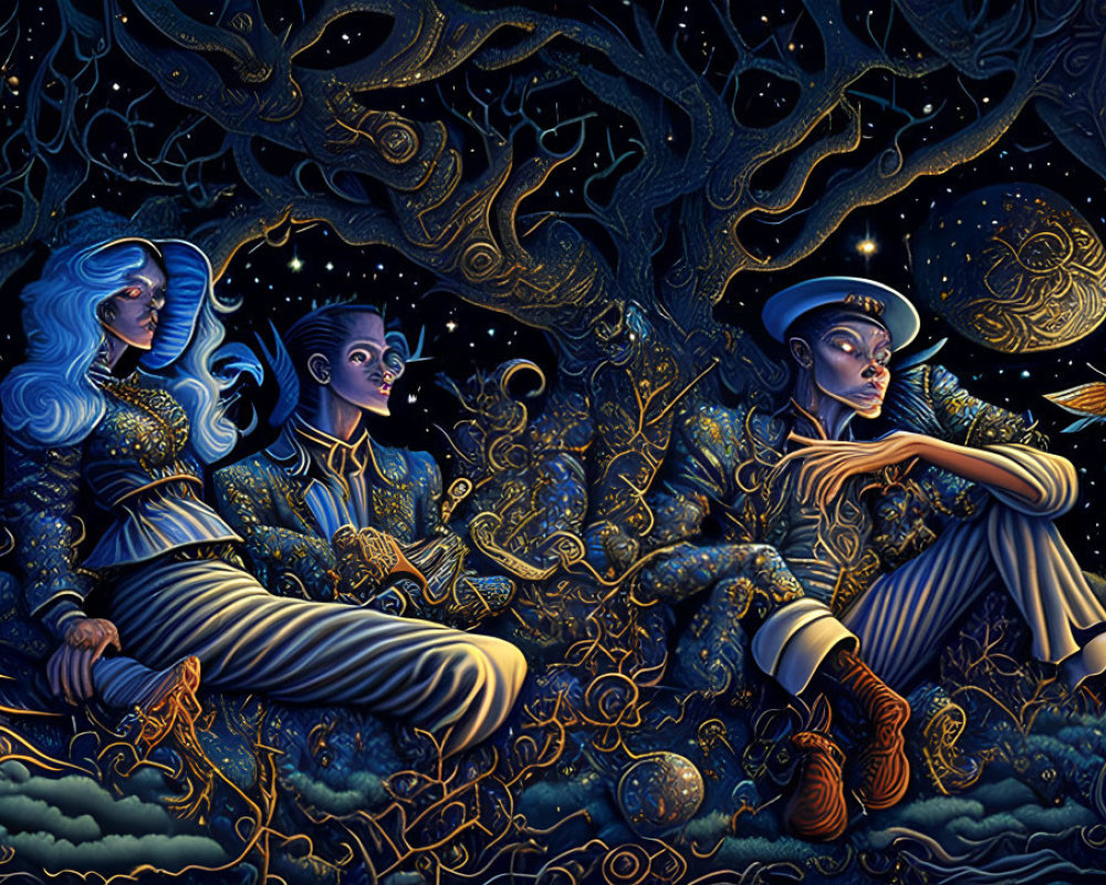 Three People Sitting Among Clouds in Celestial Night Sky with Striped Clothing