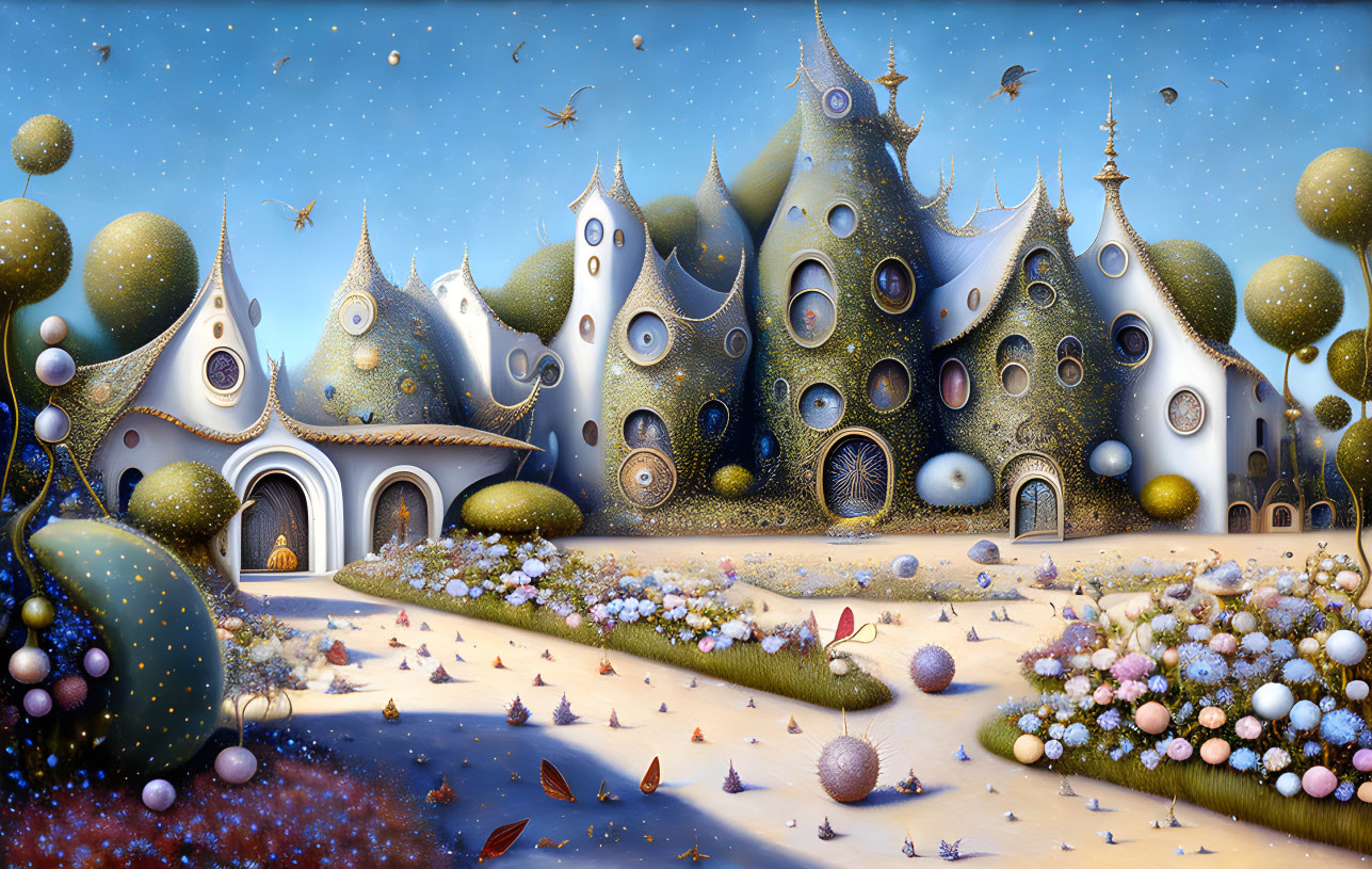 Fantasy landscape with eye-like windows, colorful vegetation, and starry sky