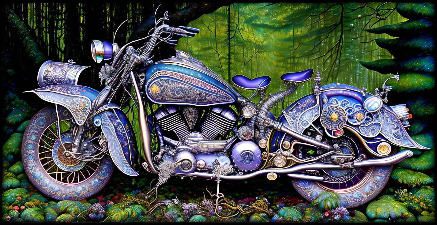 Colorful Ornate Motorcycle in Vibrant Forest Setting