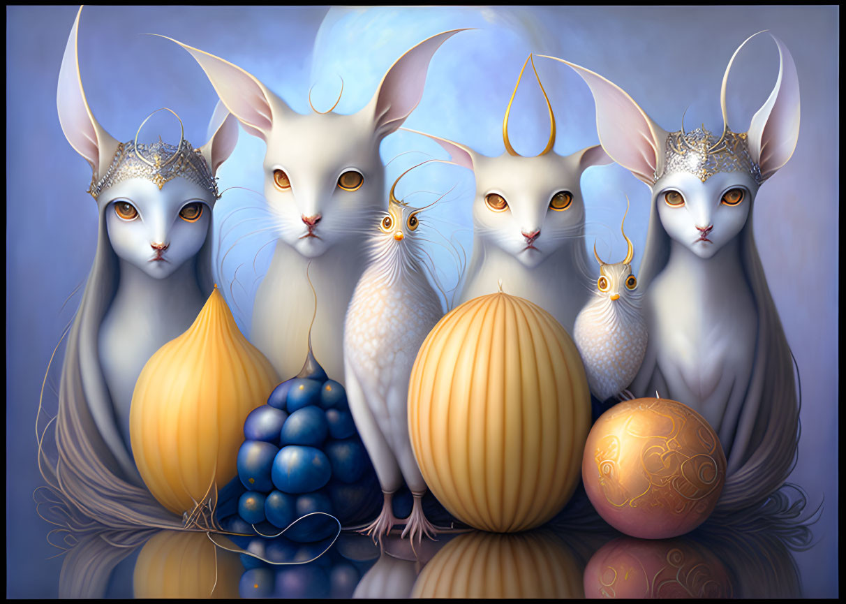 Five stylized rabbit-like creatures with crowns and colorful orbs.