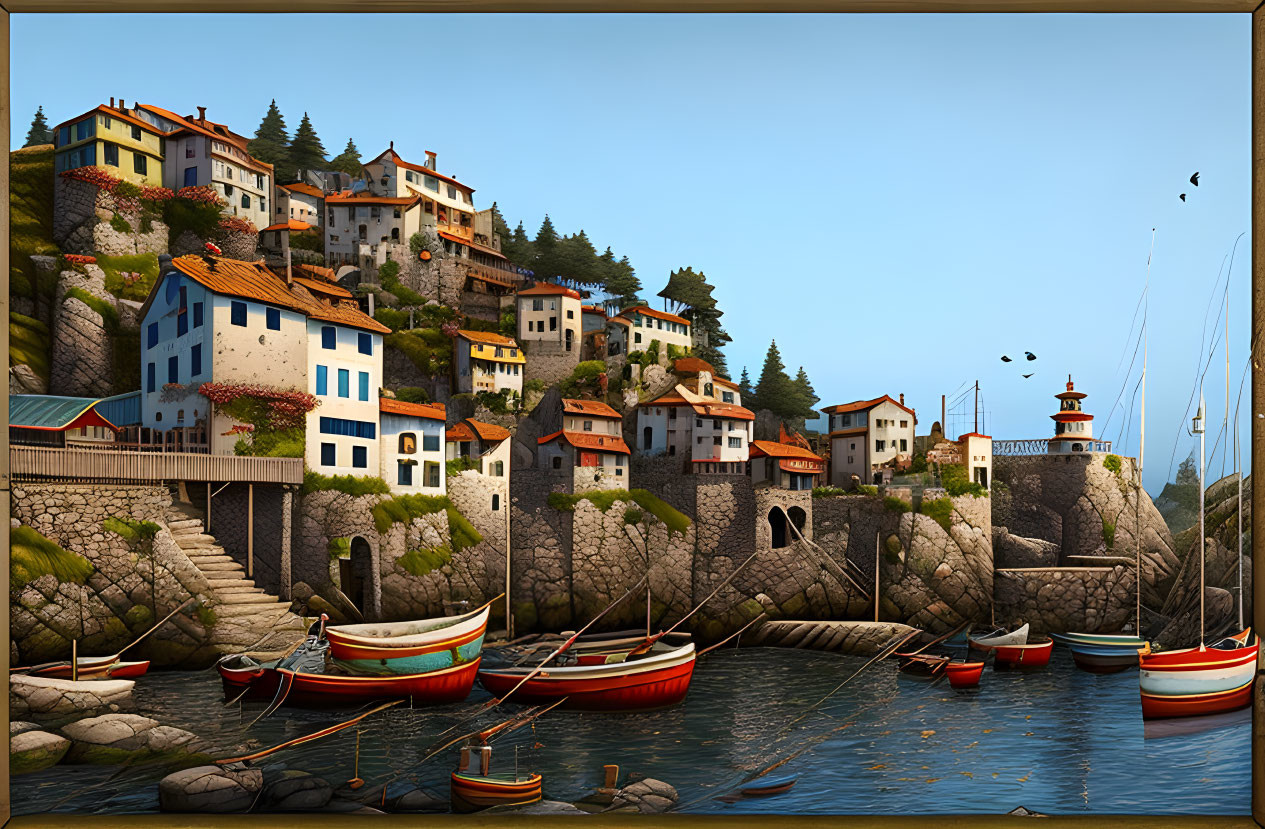 Scenic Coastal Village with Colorful Houses, Lighthouse, and Harbor Boats