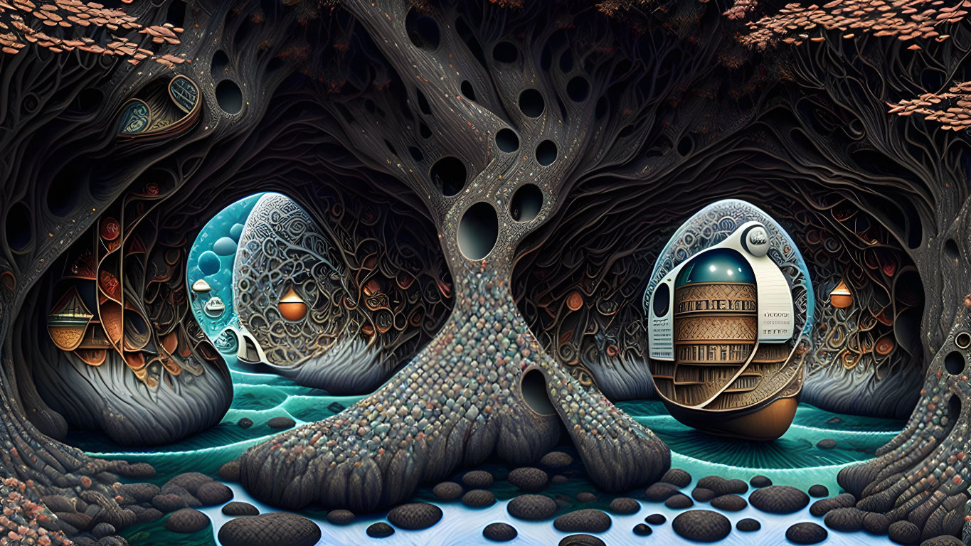 Surreal fantasy landscape with ornate eggs in tree-like structure