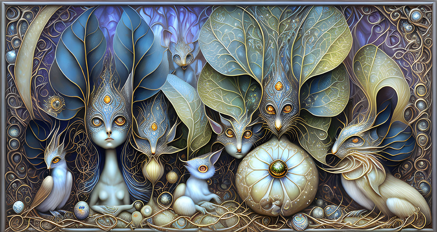 Whimsical fantasy creatures in intricate artwork with botanical backdrop