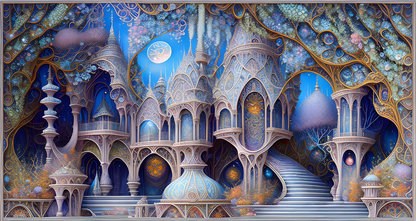 Ornate interconnected castles in celestial-inspired fantasy landscape