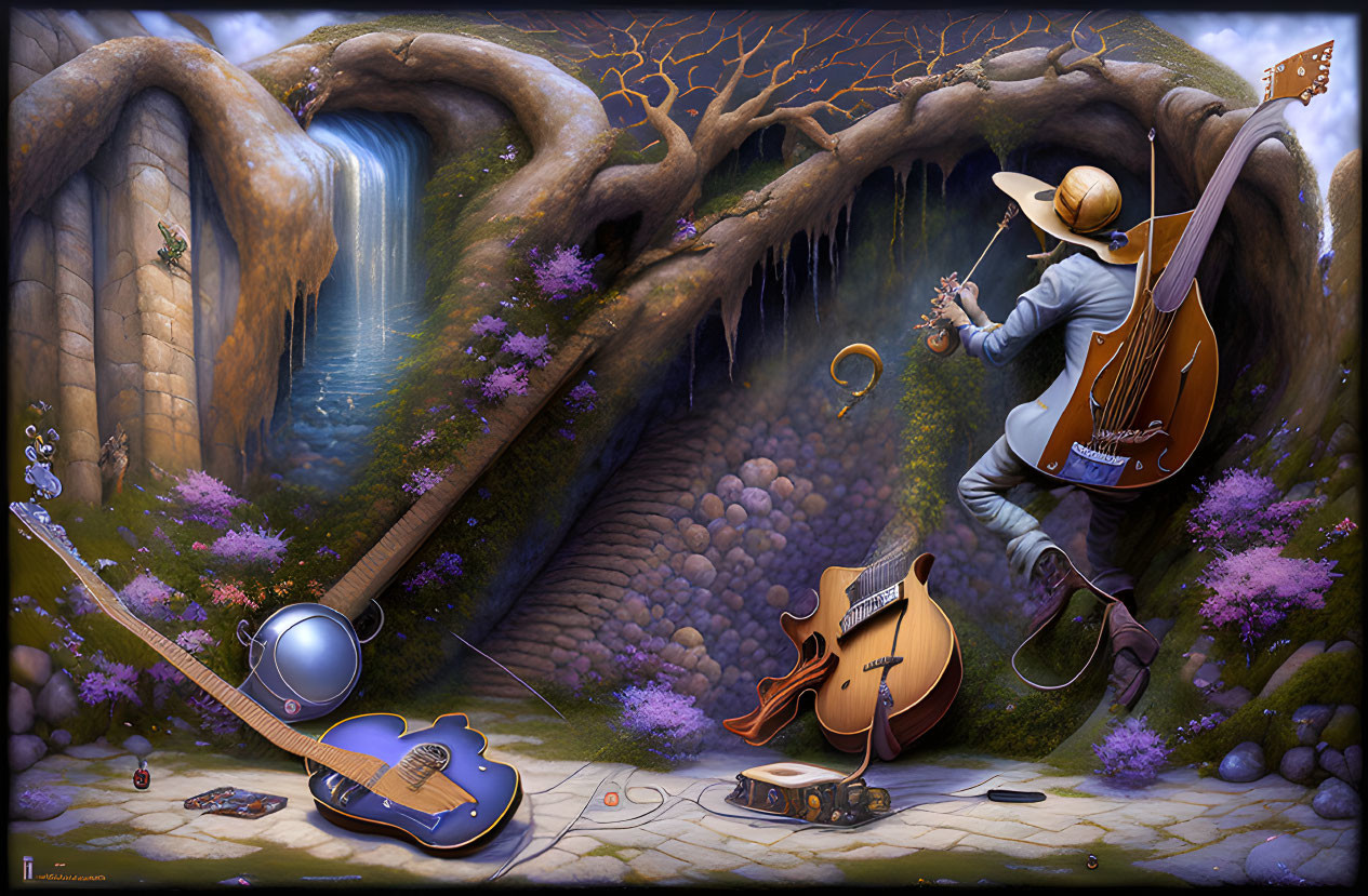 Surreal landscape with character playing giant guitar among musical instruments, waterfall, and whimsical flora