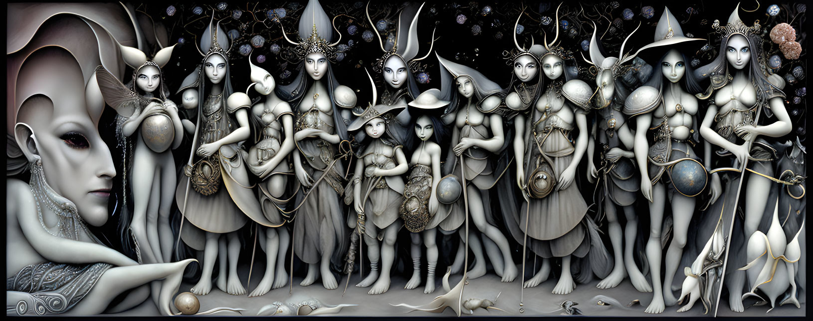 Monochromatic fantasy art: Ethereal elven figures in intricate armor against celestial backdrop