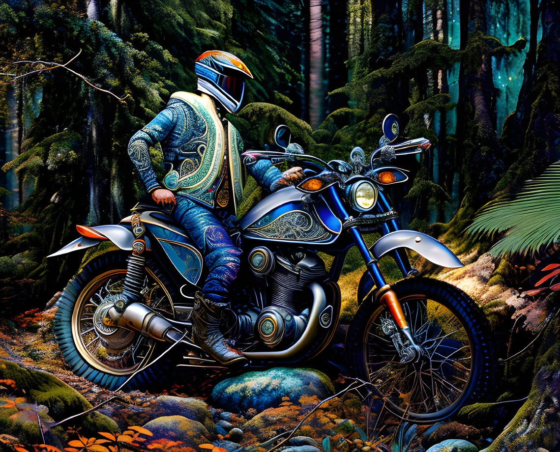 Ornately dressed rider with motorcycle in lush forest