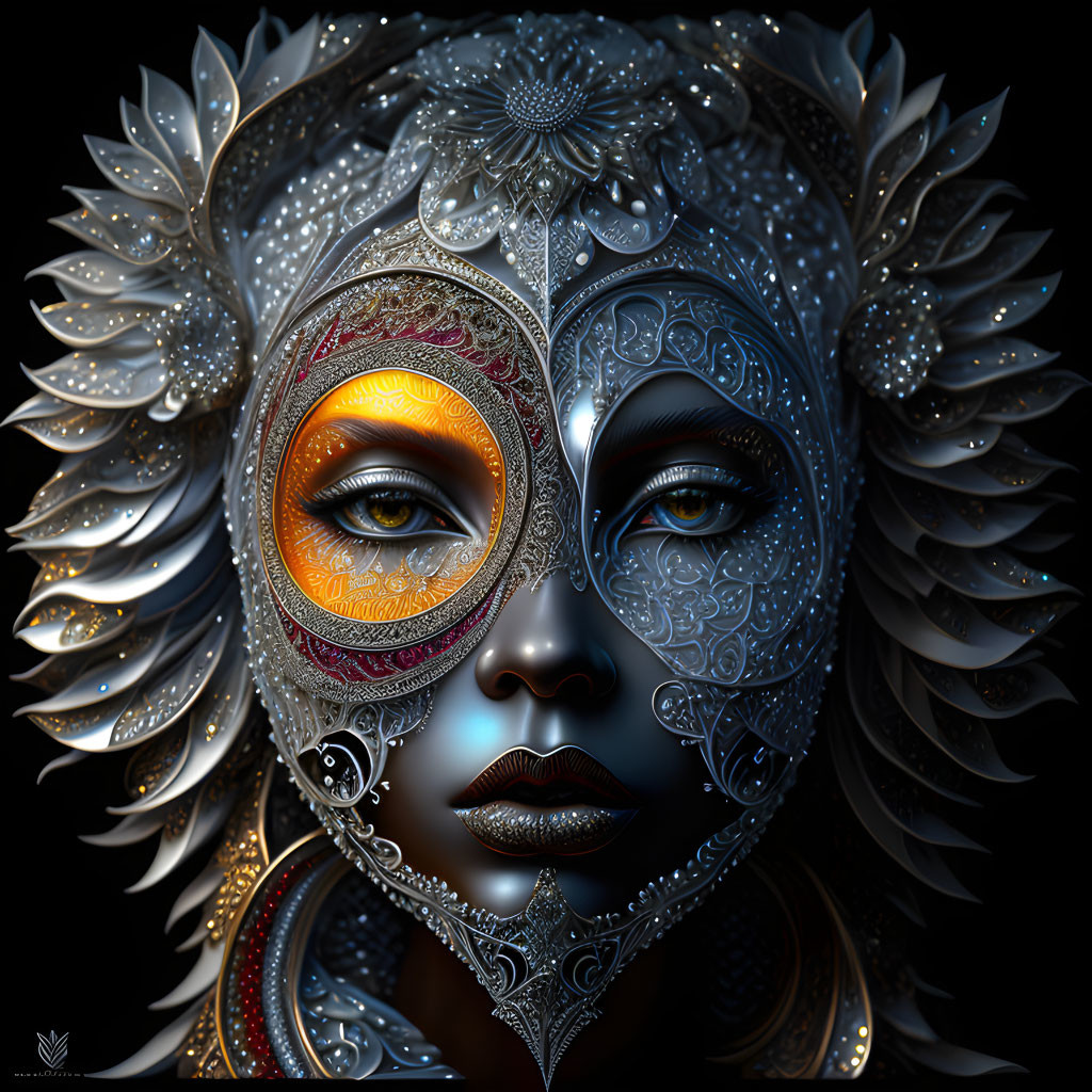 Detailed Digital Artwork: Woman with Silver and Gold Ornaments and Orange Eye