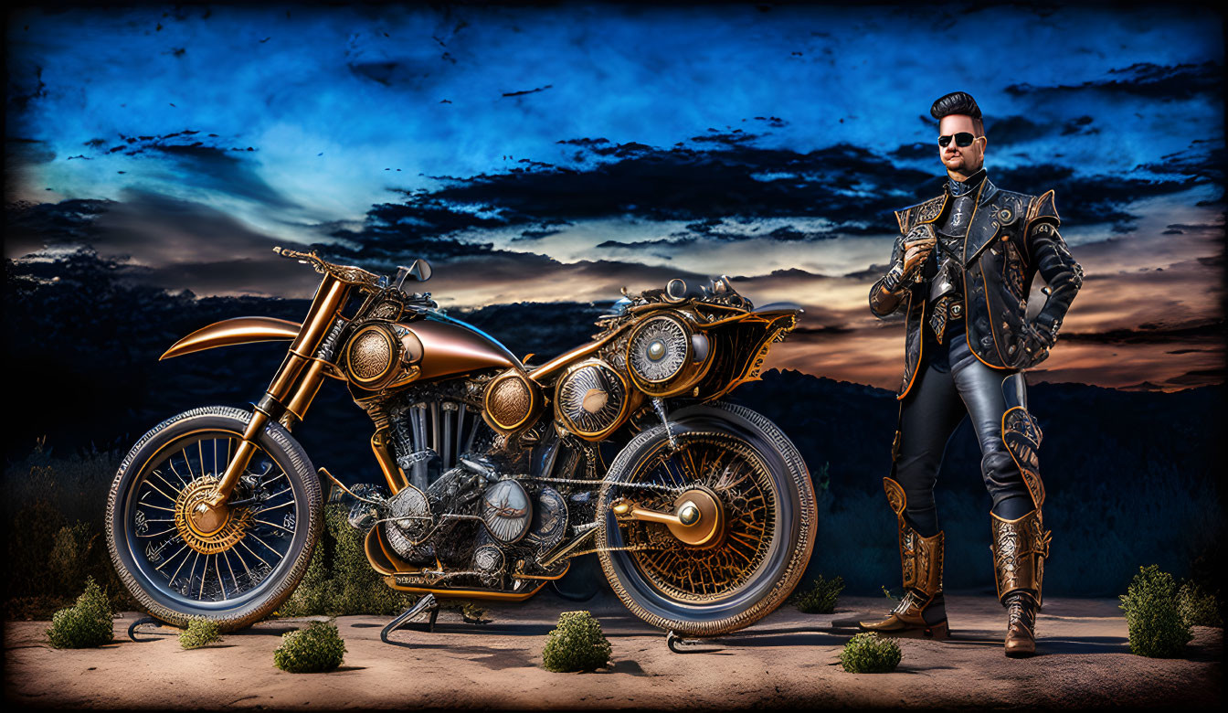 Stylish Man in Leather Jacket with Steampunk Motorcycle under Dramatic Sky