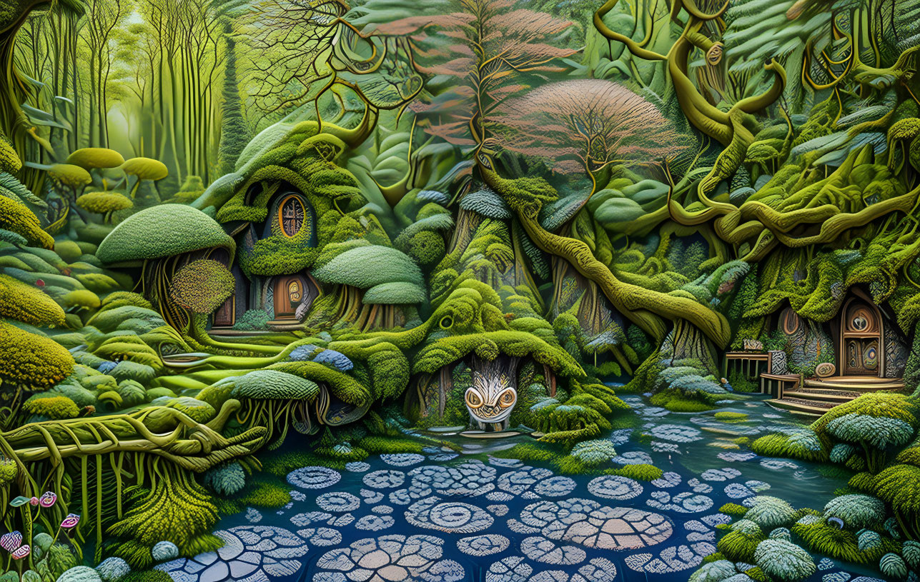 Enchanting forest scene with fairytale houses and stone path