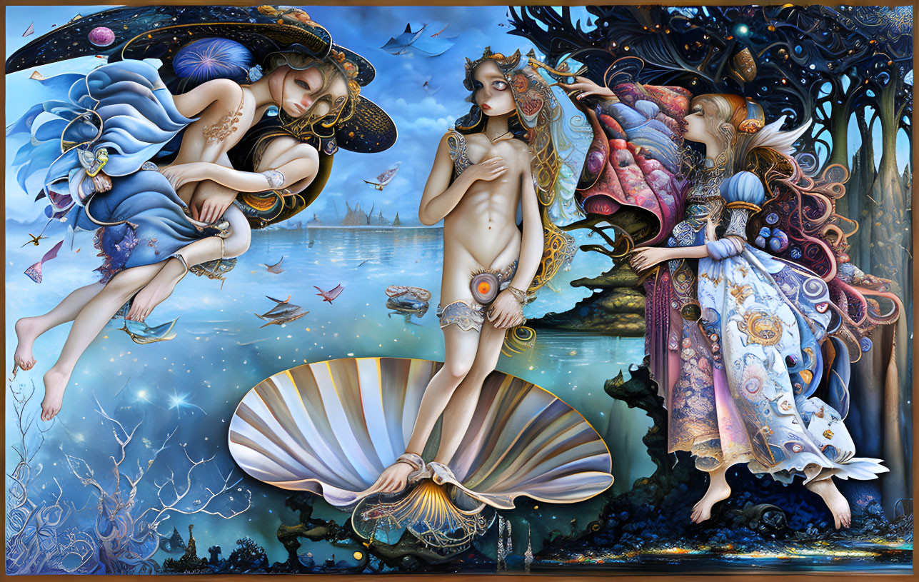 Intricate painting of three ethereal beings in aquatic and celestial attire