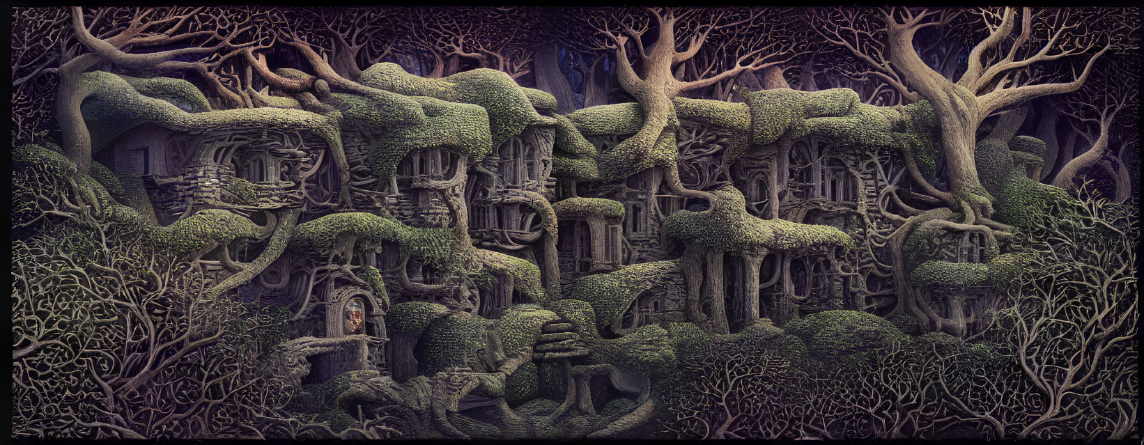 Mysterious forest tableau with twisted trees and ancient ruins