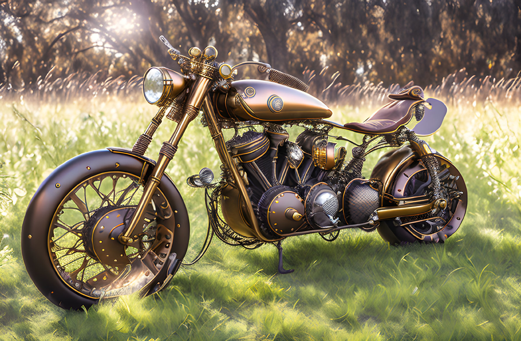 Vintage Motorcycle with Golden Designs in Sunlit Field